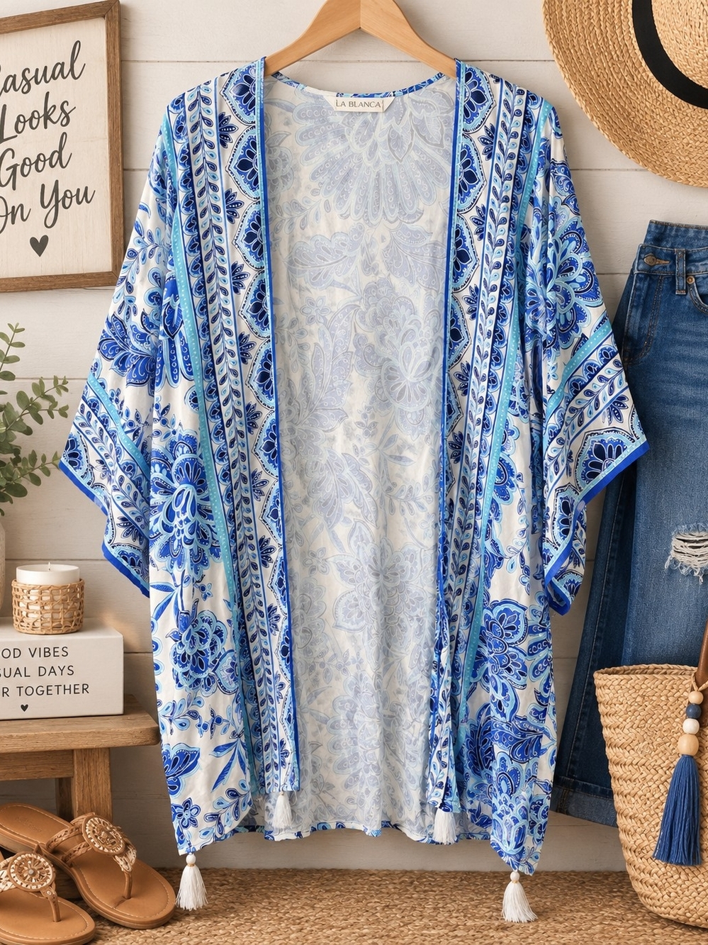La Blanca Blue & White Paisley Floral Kimono Cover-Up – NWT